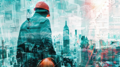 Double exposure image of construction worker holding safety helmet and drawing construction against surreal construction site background in city AI generated