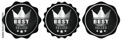 Set of premium luxury best seller badge icon flat vector illustration clipart isolated. Best seller sticker, label, banner, ribbon collection. Set of best seller metal emblem for sale. 11:11 