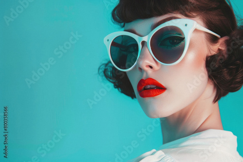 Stylish cool young pinup woman, beautiful pop art pin up lady fashion model wearing bright color clothes and retro vintage sunglasses in 50s 60s style posing for portrait on background.