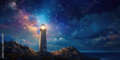 Starlit Seascape with Lighthouse Beam, Maritime Serenity