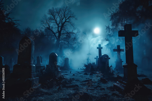 A spooky graveyard at night with tombstones, fog, and ominous moonlight casting eerie shadows. Generative Ai Image.