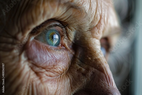 Closeup of an elderly person's face, focusing on the wrinkles and skin details around their eyes. Eye surgery and cataract treatment concept. 