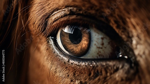 A close up of a brown horse's eye. The eye is dark and mysterious, with a hint of sadness. The horse's eyelashes are long and delicate, and its fur is a rich, dark brown.