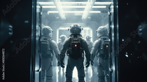 Team of astronauts in a space suits aboard the orbital station. A crew of cosmonauts piloting the spaceship. People in space. Galactic travel and science concept.