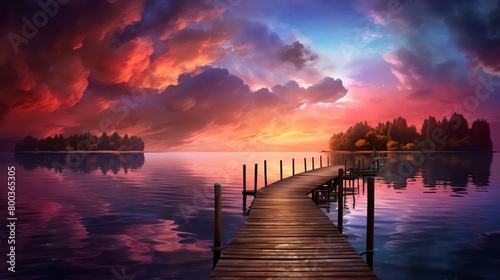 A wooden dock juts out into a lake. The sky is ablaze with color, and the water reflects the vibrant hues. The scene is one of peace and tranquility.