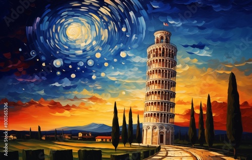 The Leaning Tower of Pisa in Italy, rendered in the style of Van Gogh. Oil painting against a starry sky, colorful, with vibrant colors and rich details creating a dreamy atmosphere