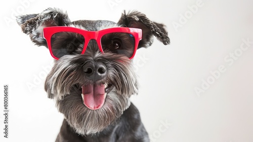 Happy, cute, cool schnauzer dog in red sunglasses isolated on white background AI generated