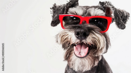 Happy, cute, cool schnauzer dog in red sunglasses isolated on white background AI generated