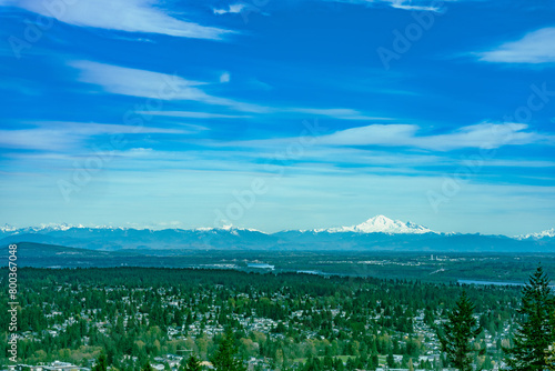 Panoramic view of Fraser Valley with Mount Baker, Washington, USA, on horizon.