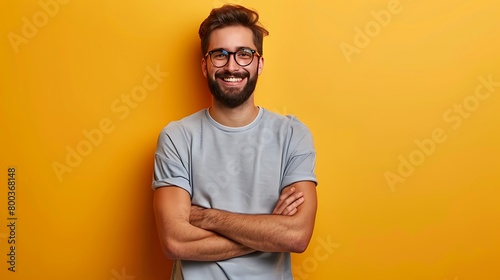 A Young handsome man with beard wearing casual t-shirt and glasses over yellow background happy face smiling with crossed arms looking at the camera, Positive person