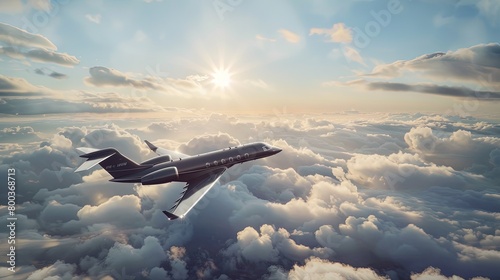  Private business jet flying above the clouds. Side view. Private jet painting the sky with elegance.
