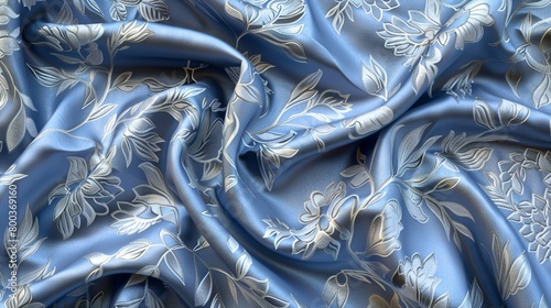 periwinkle blue and silver floral damask pattern on grey fabric, shiny metallic sheen