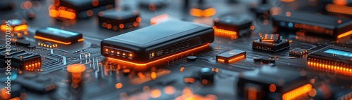 A close-up of a computer chip with glowing orange lights. The chip is labeled "AI Chip".