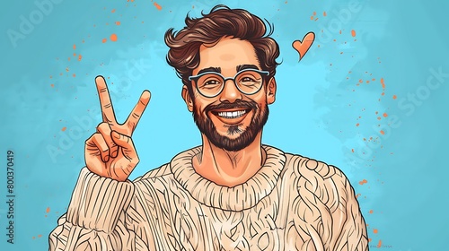 A Young handsome man with beard wearing casual sweater and glasses over blue background smiling with happy face winking at the camera doing victory sign with fingers, Number two