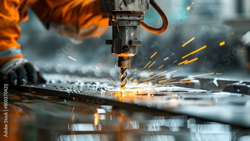 Creating Holes in Metal Sheets: Worker Operating Magnetic Drilling Machine. Concept Metal Fabrication, Industrial Machinery, Manufacturing Processes, Workplace Safety