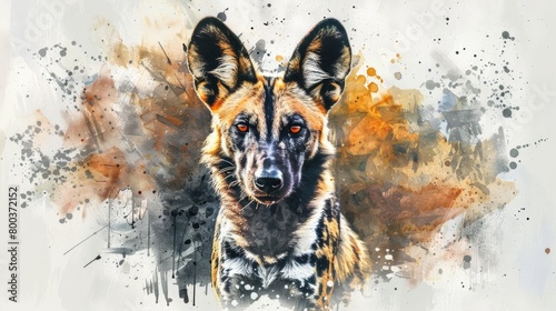 Surreal and captivating image of a wild dog's face with a striking abstract stained backdrop