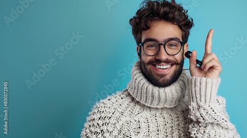A Young handsome man with beard wearing casual sweater and glasses over blue background smiling doing phone gesture with hand and fingers like talking on the telephone, Communicating concepts