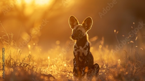 As the sun sets, a silhouette of an African Wild Dog is accentuated by the glow of the horizon