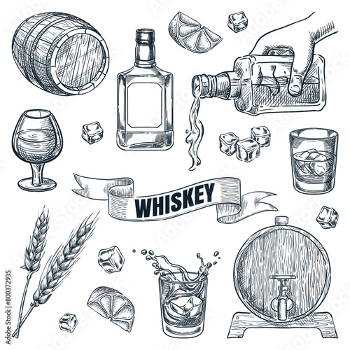 Whiskey icons collection. Glasses, bottle, barrel hand drawn elements for pub, bar menu. Vector sketch illustration