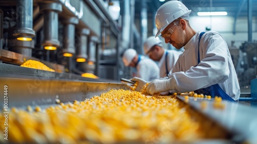 Quality control inspectors sampling corn at a processing facility to ensure export standards.