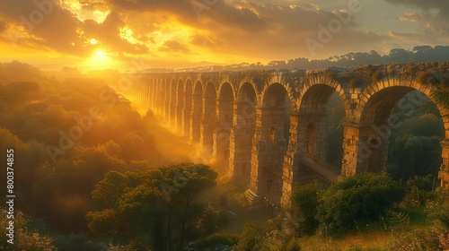 Golden Sunset Glow: Ancient Roman Aqueduct, generative ai