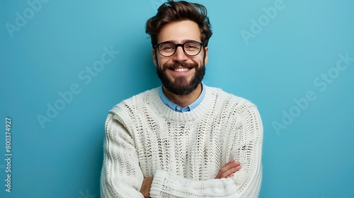 A Young handsome man with beard wearing casual sweater and glasses over blue background Hands together and fingers crossed smiling relaxed and cheerful, Success and optimistic
