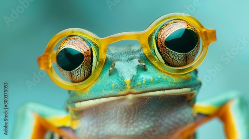 Closeup of a quirky frog donned in yellow glasses, a fun depiction of scientific discovery or a breakthrough moment