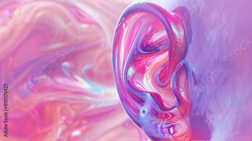 Closeup of an ear with pink liquid swirling inside, artistically depicting the internal movements of auditory processing