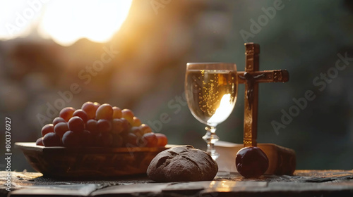 The Last Supper. Bread, wine, the Bible, the Holy Grail and the cross.. Holy Communion, concept of the sacred blood and flesh of Jesus Christ