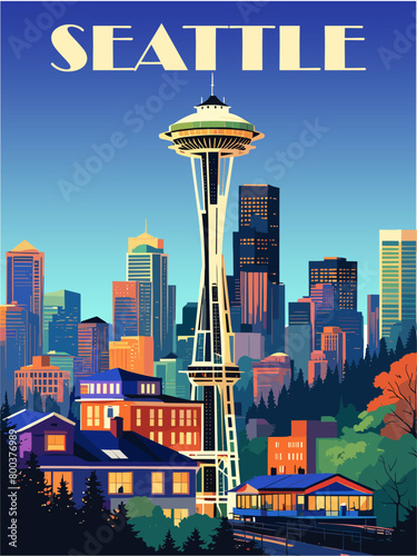 Seattle, USA Travel Destination Poster in retro style. Cityscape digital print. Summer vacation, holidays concept. Vintage vector illustration. 
