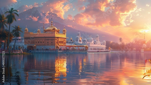 Golden Reflections: A Vibrant Sunset at the Gurdwara, generative ai