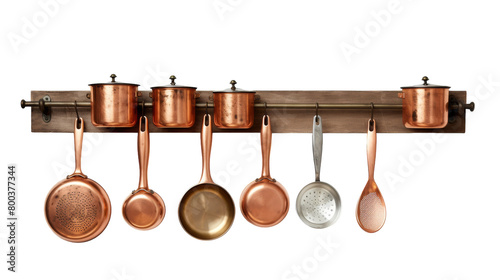 A rack adorned with various pots and pans hanging gracefully on transparent background