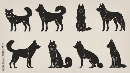 A collection of simple black canine silhouettes, showcasing different dog postures and expressions, perfect for projects involving pets and animal behavior