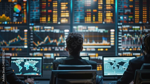 Team of analysts reviewing global financial markets on multiple screens in a network operations center.