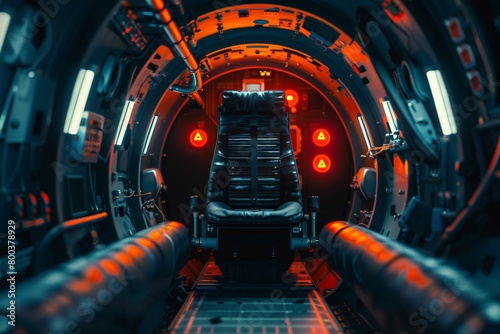 A dark and cramped spaceship escape pod with a single emergency seat and blinking warning lights The scene evokes a sense of tension and potential danger 