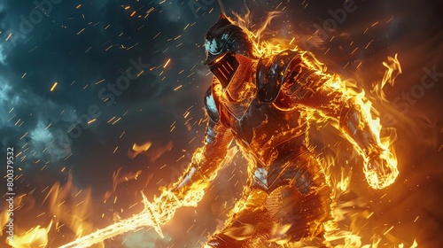 Epic tableau of a warrior in glowing flame armor, wielding a sword as he charges forward, embodying the essence of power and combat prowess