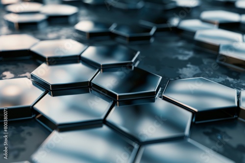 A field of chrome hexagons, some smooth and reflective, others dented and scratched, creating a dynamic composition 