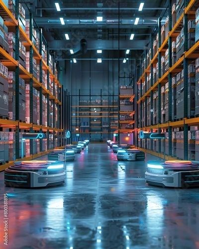 Inside a highly automated digital warehouse, with AIpowered logistics robots efficiently sorting and moving goods