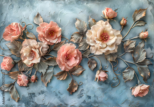 A wallpaper featuring intricate rococo blooms and flowers in a pastel color scheme, creating a dreamy and luxurious aesthetic. Suitable for interior decor, weddings, and fantasy-themed events.