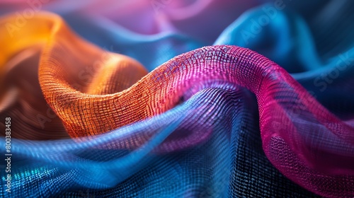 Advanced synthetic fabric weave, close-up, with integrated light threads, soft yet vibrant