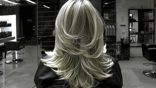 Blonde layered haircut seen from behind in a salon chair . Concept Blonde Haircut, Layered Hairstyle, Salon Chair, Styling Session, Hair Makeover