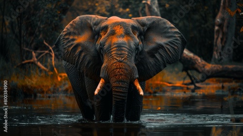 A powerful and soulful image of an African elephant bathing in a waterhole within a dense forest ambiance