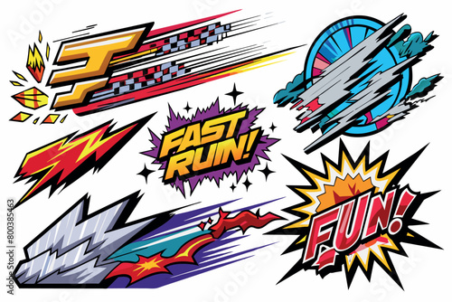 A collection of colorful, cartoonish graphics with the words "fast run"