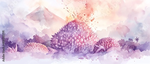 Artistic representation of a durian fruit where the core glows redhot, mimicking a volcanos chamber, moments before eruption