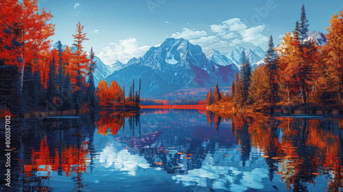 A beautiful landscape with a lake, mountains and colorful trees in the fall season.