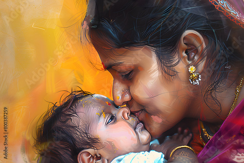 south indian young woman playing and kissing her baby