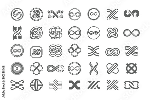 Unique and professional Set of infinity symbols set. Infinity symbol set, Infinity symbol collection. Vector logos set. Black contours of different shapes, thickness and style isolated on white.