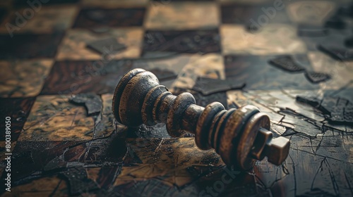 A broken and discarded chess piece lying alone on a checkered board, symbolizing the bitter taste of defeat or betrayal 