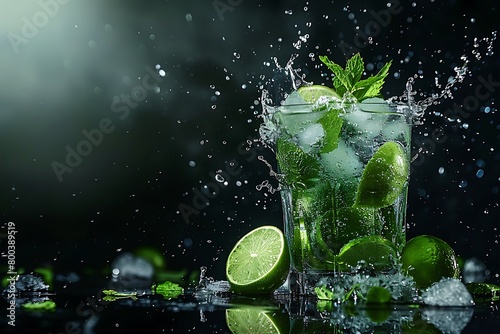 Summer cocktail mojito with splash on black background. Mojito summer beach refreshing tropical cocktail in glass with splash soda water, lime juice, mint leaves, sugar, ice and rum on reflective bl