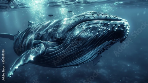 A humpback whale gracefully swims through the ocean waters, showcasing its massive size and distinctive flippers